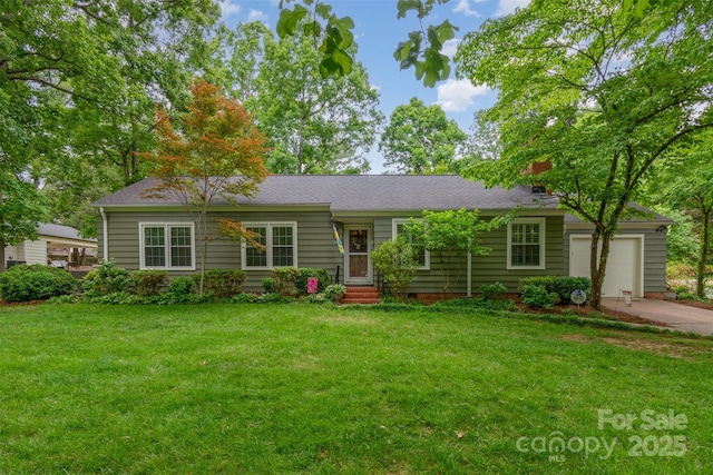408 Idlewood Dr, Kannapolis, NC 28083 - ranch-style house with an attached garage, a front yard, concrete driveway, a chimney, and a shingled roof