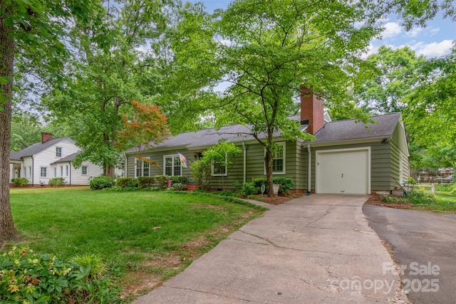 408 Idlewood Dr, Kannapolis, NC 28083 - single story home with a garage, concrete driveway, a front lawn, a shingled roof, and a chimney
