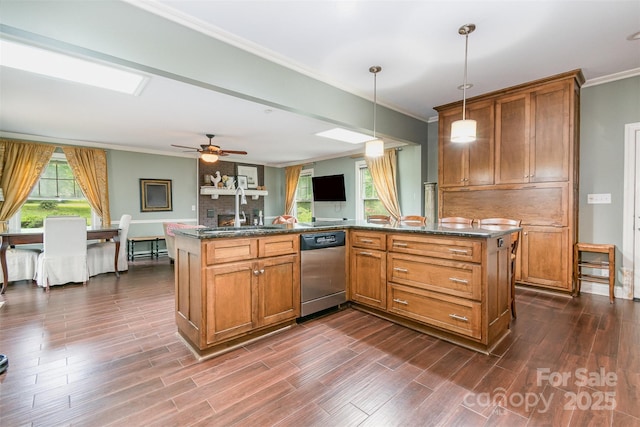408 Idlewood Dr, Kannapolis, NC 28083 - kitchen featuring stainless steel dishwasher, a sink, crown molding, brown cabinetry, and dark wood-style flooring
