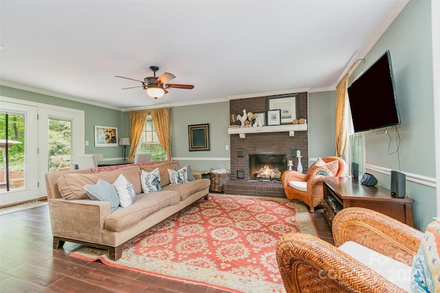 408 Idlewood Dr, Kannapolis, NC 28083 - living area with crown molding, a fireplace, wood finished floors, and a ceiling fan