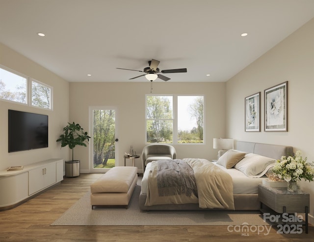 bedroom with wood finished floors, recessed lighting, access to outside, and ceiling fan