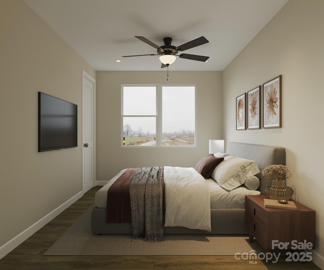 bedroom with baseboards, wood finished floors, a ceiling fan, and recessed lighting