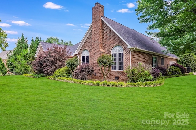 1337 Braeburn Rd NW, Concord, NC 28027 - view of side of home featuring brick siding, a chimney, roof with shingles, and a lawn