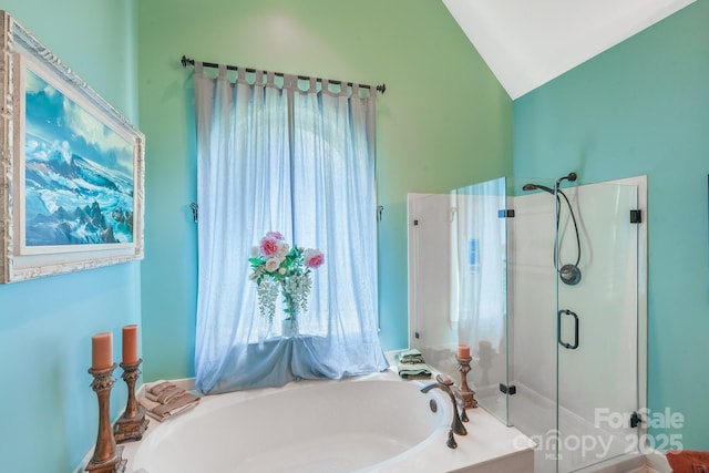 1337 Braeburn Rd NW, Concord, NC 28027 - bathroom with a bath, healthy amount of natural light, a shower stall, and lofted ceiling