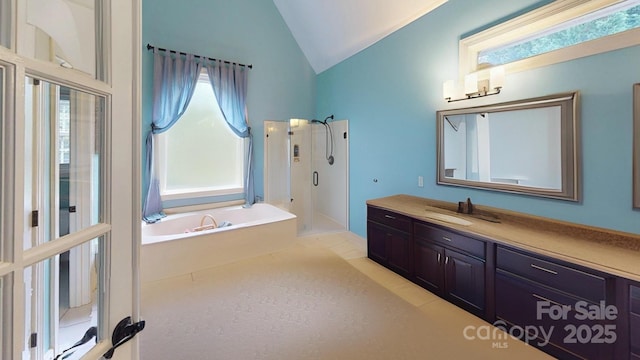 1337 Braeburn Rd NW, Concord, NC 28027 - full bath featuring a shower stall, vanity, a bath, and high vaulted ceiling