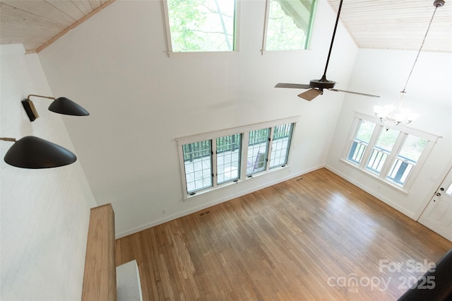 37 Geneva Cir Unit 1/2, Franklin, NC 28734 - unfurnished living room with wood ceiling, high vaulted ceiling, a chandelier, wood finished floors, and ceiling fan