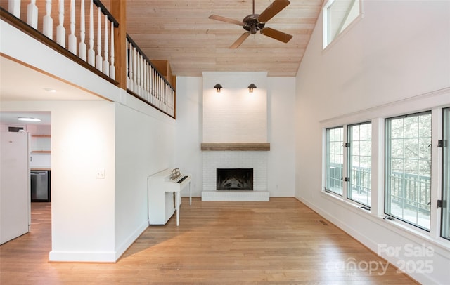 37 Geneva Cir Unit 1/2, Franklin, NC 28734 - unfurnished living room with high vaulted ceiling, ceiling fan, wood finished floors, a fireplace, and wooden ceiling