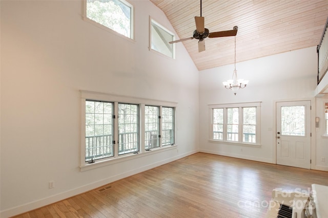 37 Geneva Cir Unit 1/2, Franklin, NC 28734 - foyer entrance featuring high vaulted ceiling, ceiling fan, light wood-style floors, a chandelier, and wood ceiling