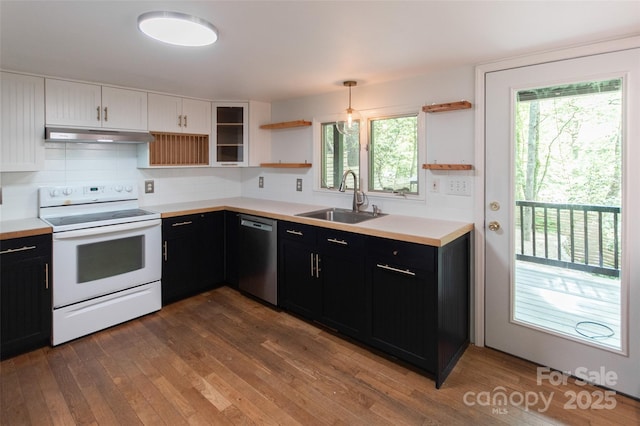 37 Geneva Cir Unit 1/2, Franklin, NC 28734 - kitchen with white electric stove, dishwasher, open shelves, dark cabinets, and dark wood-style floors