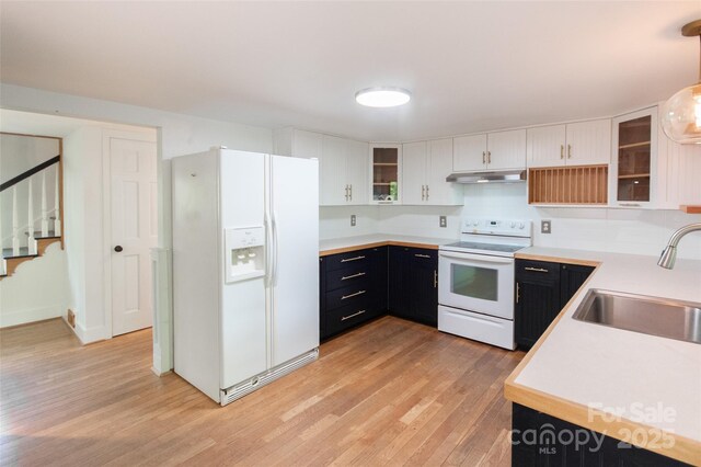 37 Geneva Cir Unit 1/2, Franklin, NC 28734 - kitchen featuring white appliances, under cabinet range hood, dark cabinetry, and light countertops