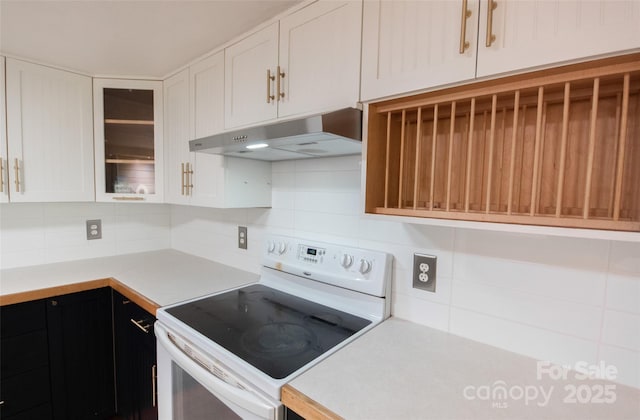 37 Geneva Cir Unit 1/2, Franklin, NC 28734 - kitchen with electric stove, under cabinet range hood, white cabinets, and tasteful backsplash