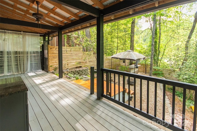37 Geneva Cir Unit 1/2, Franklin, NC 28734 - wooden deck featuring a fenced backyard, a ceiling fan, and a forest view
