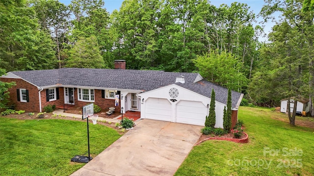 200 Woodside Dr, Morganton, NC 28655 - ranch-style house with a chimney, an attached garage, concrete driveway, a front lawn, and roof with shingles