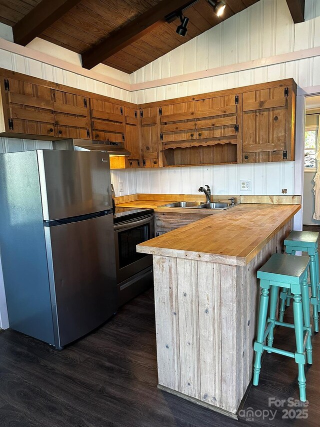 kitchen with freestanding refrigerator, a sink, wooden counters, range with electric cooktop, and wooden ceiling