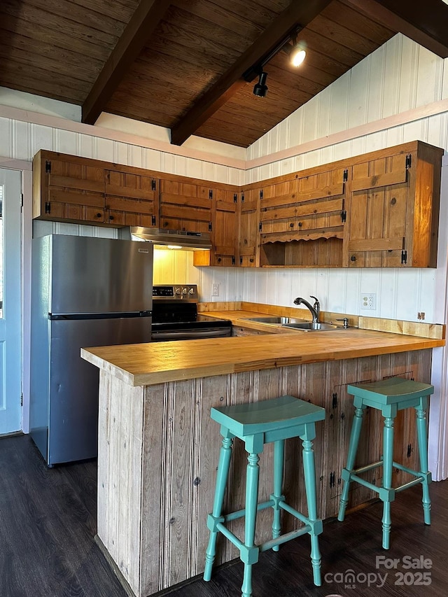 kitchen with butcher block counters, appliances with stainless steel finishes, wood ceiling, a sink, and dark wood-style flooring