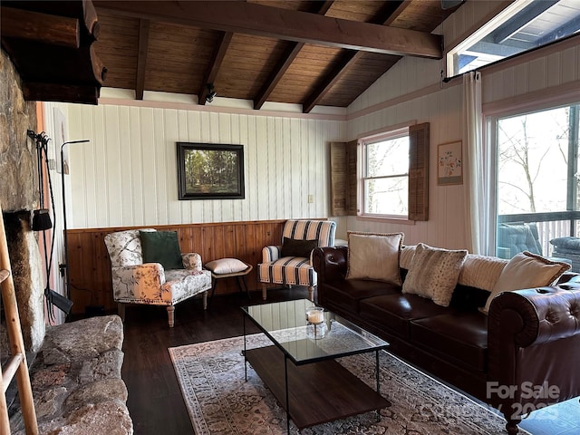 living room with wooden walls, wood ceiling, and wood-type flooring