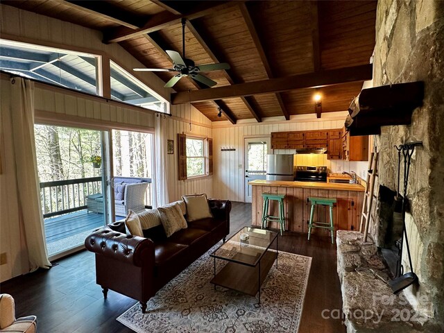 living area with wood ceiling, dark wood-style floors, wood walls, and a ceiling fan