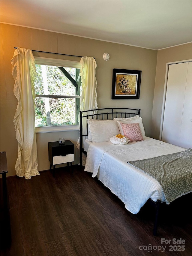 bedroom with dark wood-type flooring