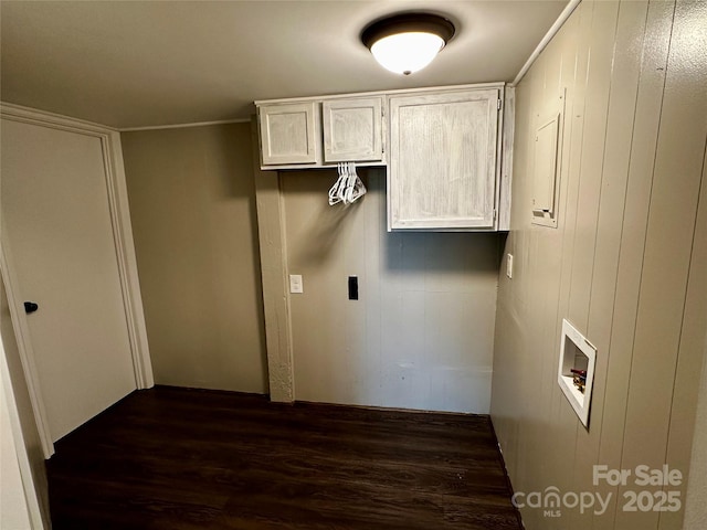 laundry area with cabinet space, dark wood-style flooring, and hookup for a washing machine