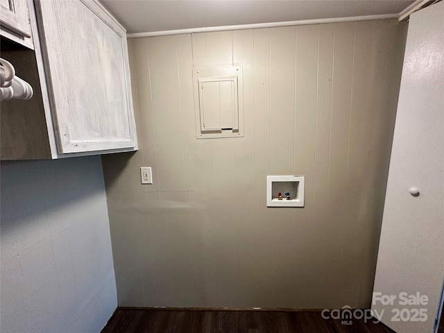 laundry room featuring washer hookup and dark wood-style flooring
