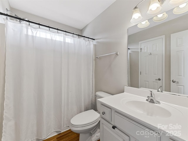 85 Lumber River Rd, Fletcher, NC 28732 - bathroom featuring toilet, vanity, wood finished floors, and a shower with shower curtain