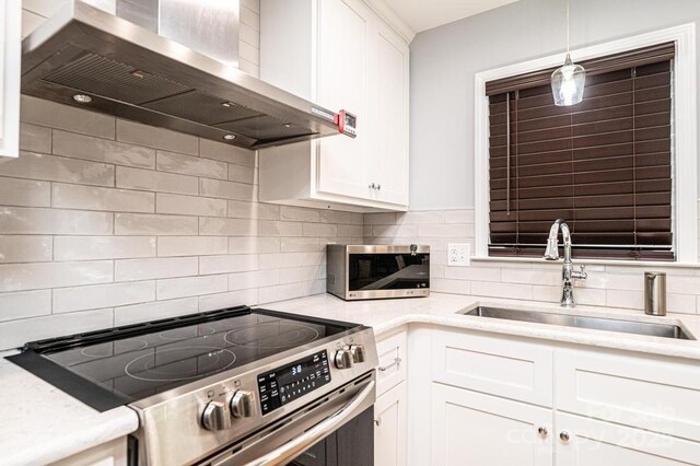 kitchen with stainless steel appliances, a sink, ventilation hood, tasteful backsplash, and white cabinetry