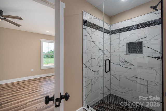 355 Northbrook Iii School Rd Unit 10, Vale, NC 28164 - full bathroom featuring ceiling fan, a stall shower, baseboards, wood finished floors, and recessed lighting