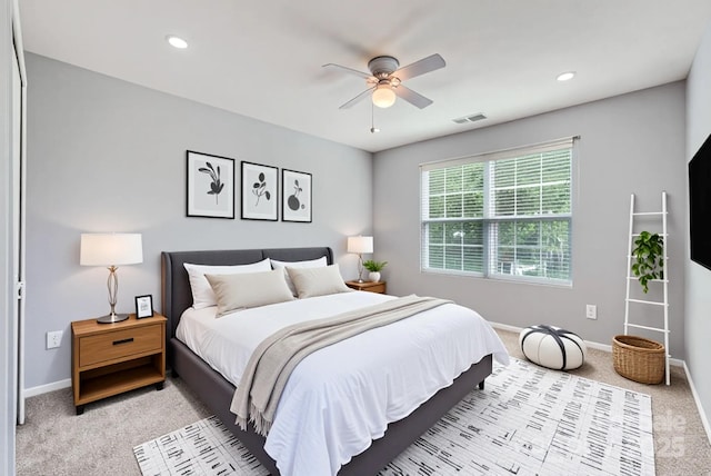 6335 Ziegler Ln, Charlotte, NC 28269 - bedroom featuring light carpet, baseboards, recessed lighting, and a ceiling fan