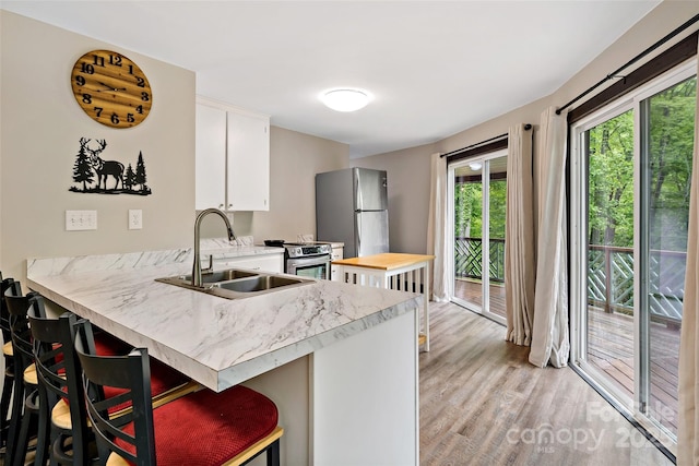 kitchen featuring a sink, appliances with stainless steel finishes, light wood-type flooring, a peninsula, and white cabinets