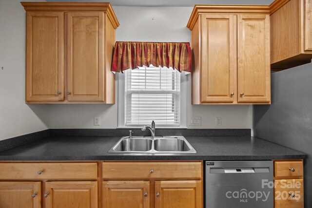301 Garner Dr, Salisbury, NC 28146 - kitchen with stainless steel dishwasher, a sink, and dark countertops