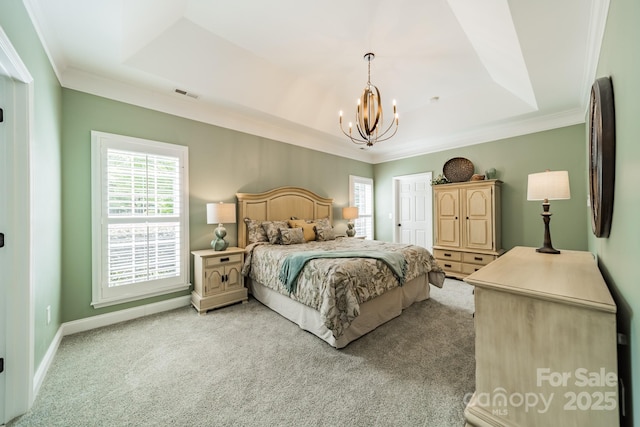 12039 Lawings Corner Dr, Huntersville, NC 28078 - bedroom featuring a tray ceiling, a chandelier, light carpet, crown molding, and multiple windows