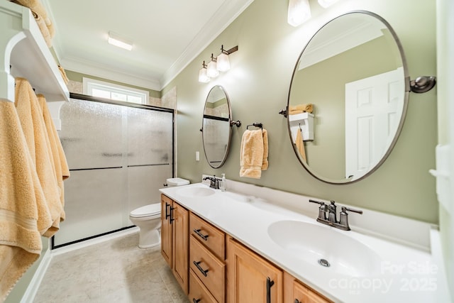 12039 Lawings Corner Dr, Huntersville, NC 28078 - full bathroom featuring ornamental molding, toilet, a stall shower, and double vanity