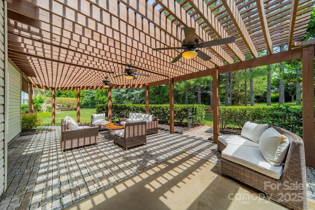 12039 Lawings Corner Dr, Huntersville, NC 28078 - view of patio with a ceiling fan, an outdoor living space, and a pergola
