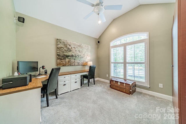 12039 Lawings Corner Dr, Huntersville, NC 28078 - office area featuring lofted ceiling, carpet flooring, a ceiling fan, and baseboards