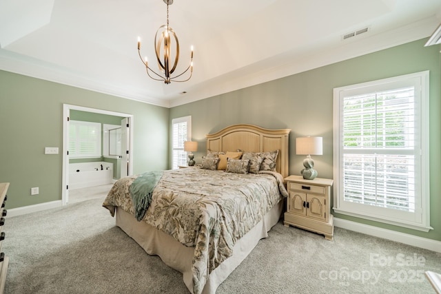 12039 Lawings Corner Dr, Huntersville, NC 28078 - bedroom with a chandelier, light carpet, multiple windows, ornamental molding, and baseboards