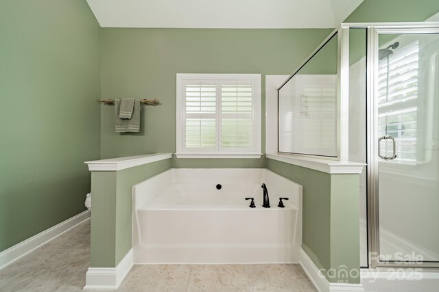 12039 Lawings Corner Dr, Huntersville, NC 28078 - bathroom featuring a bath, a shower stall, baseboards, and toilet
