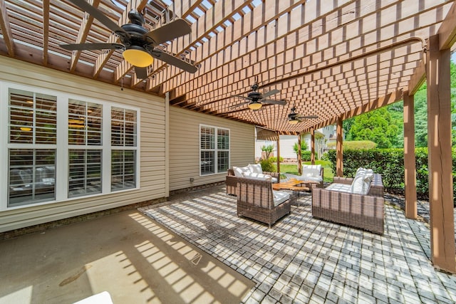12039 Lawings Corner Dr, Huntersville, NC 28078 - view of patio featuring a ceiling fan, a pergola, and outdoor lounge area