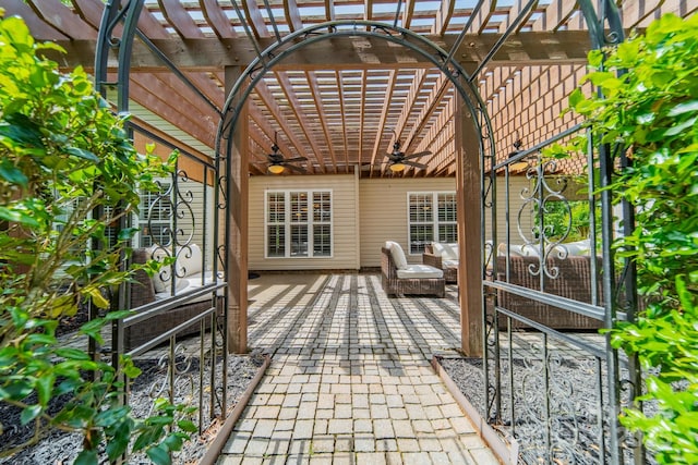 12039 Lawings Corner Dr, Huntersville, NC 28078 - view of patio / terrace with ceiling fan and a pergola