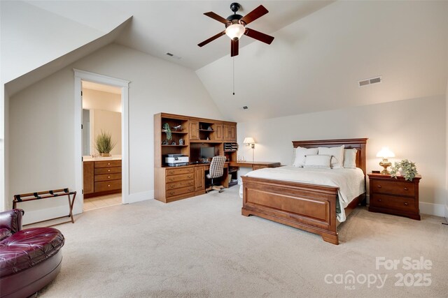 18311 Rosapenny Rd, Charlotte, NC 28278 - bedroom featuring light carpet, lofted ceiling, a desk, ensuite bath, and ceiling fan