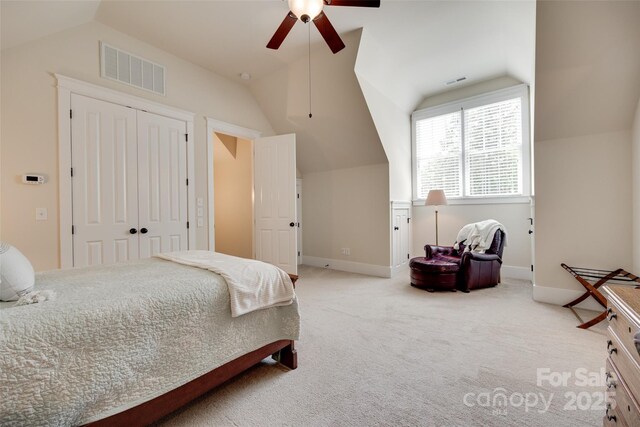 18311 Rosapenny Rd, Charlotte, NC 28278 - bedroom featuring vaulted ceiling, carpet, baseboards, a closet, and ceiling fan
