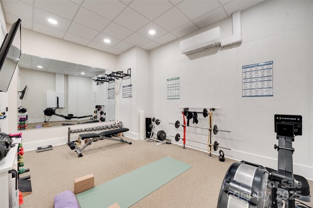 18311 Rosapenny Rd, Charlotte, NC 28278 - gym featuring a wall unit AC, recessed lighting, carpet flooring, baseboards, and a drop ceiling