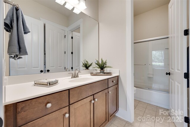 18311 Rosapenny Rd, Charlotte, NC 28278 - full bathroom featuring vanity, tile patterned floors, enclosed tub / shower combo, and toilet