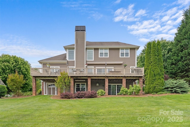 230 Fairway Falls Rd, Mills River, NC 28759 - back of house featuring a wooden deck, a lawn, a chimney, and brick siding