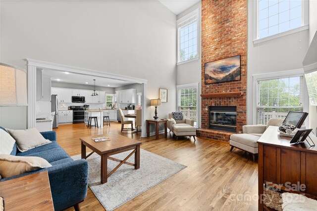230 Fairway Falls Rd, Mills River, NC 28759 - living room featuring a high ceiling, a fireplace, healthy amount of natural light, and light wood-type flooring