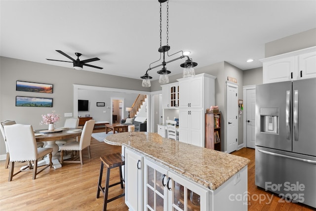 230 Fairway Falls Rd, Mills River, NC 28759 - kitchen featuring stainless steel fridge with ice dispenser, white cabinetry, ceiling fan, glass insert cabinets, and recessed lighting