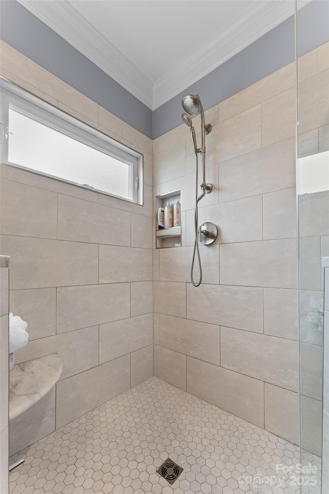 230 Fairway Falls Rd, Mills River, NC 28759 - bathroom with crown molding and tiled shower