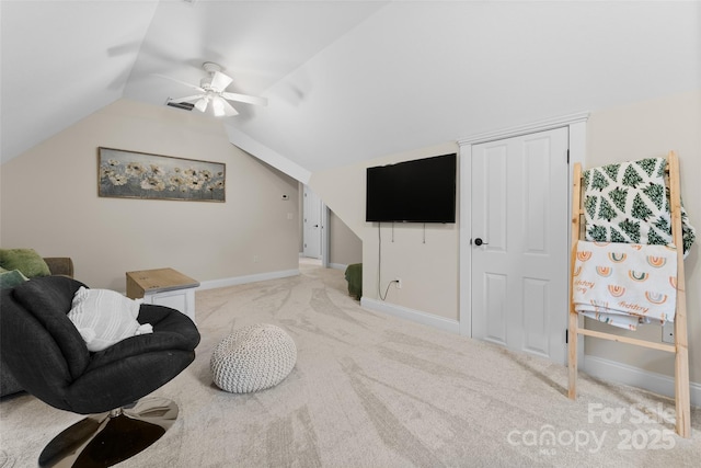 230 Fairway Falls Rd, Mills River, NC 28759 - sitting room featuring carpet, ceiling fan, vaulted ceiling, and baseboards