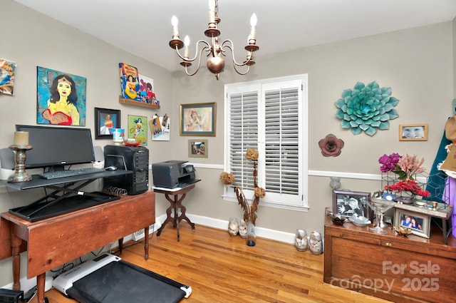 3430 Rea Rd, Charlotte, NC 28226 - office space featuring a chandelier, wood finished floors, and baseboards