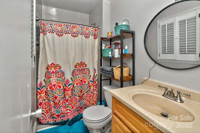 3430 Rea Rd, Charlotte, NC 28226 - bathroom featuring a shower with curtain, toilet, and vanity
