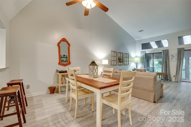 115 Pine Grove Cir, Clover, SC 29710 - dining area with high vaulted ceiling, light wood-style floors, ceiling fan, and baseboards